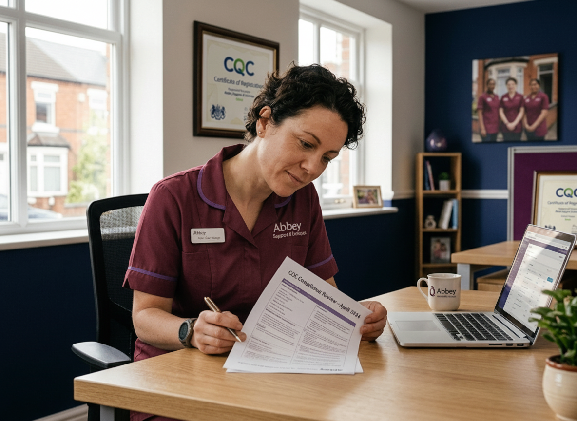 Abbey Support & Services Registered Manager reviewing CQC compliance — a fully regulated and inspected home care provider in Leicester
