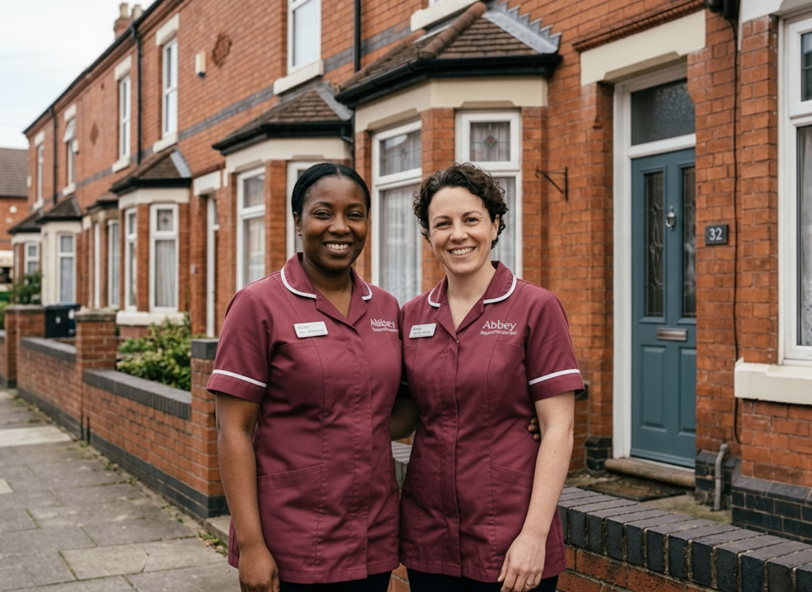 Abbey Support & Services home care team outside a Leicester home — a trusted, locally based CQC-regulated care provider serving Leicester and Leicestershire since 2013