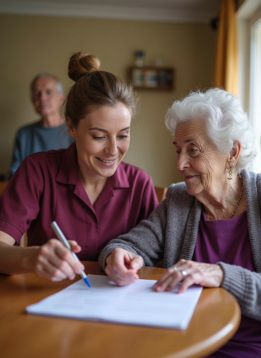 Abbey Support & Services carer reviewing a personalised care plan with a client and family member in Leicester