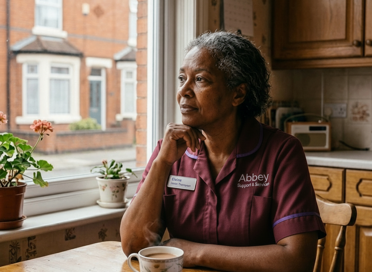 An experienced Abbey Support & Services carer at home in Leicester — reflecting the dedication and compassion at the heart of our home care service since 2013
