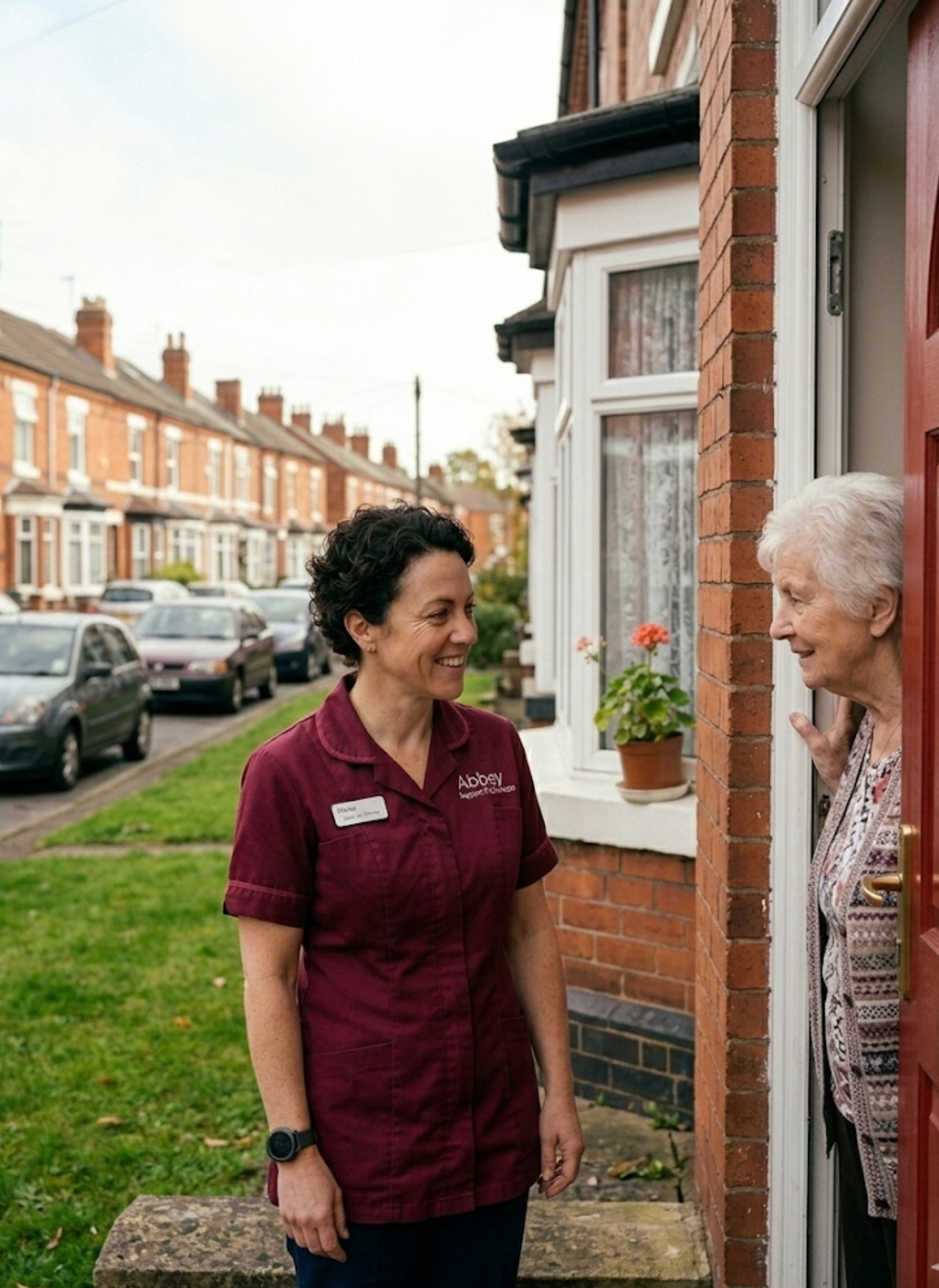 Abbey Support & Services local carer greeting an elderly client at their Leicester home