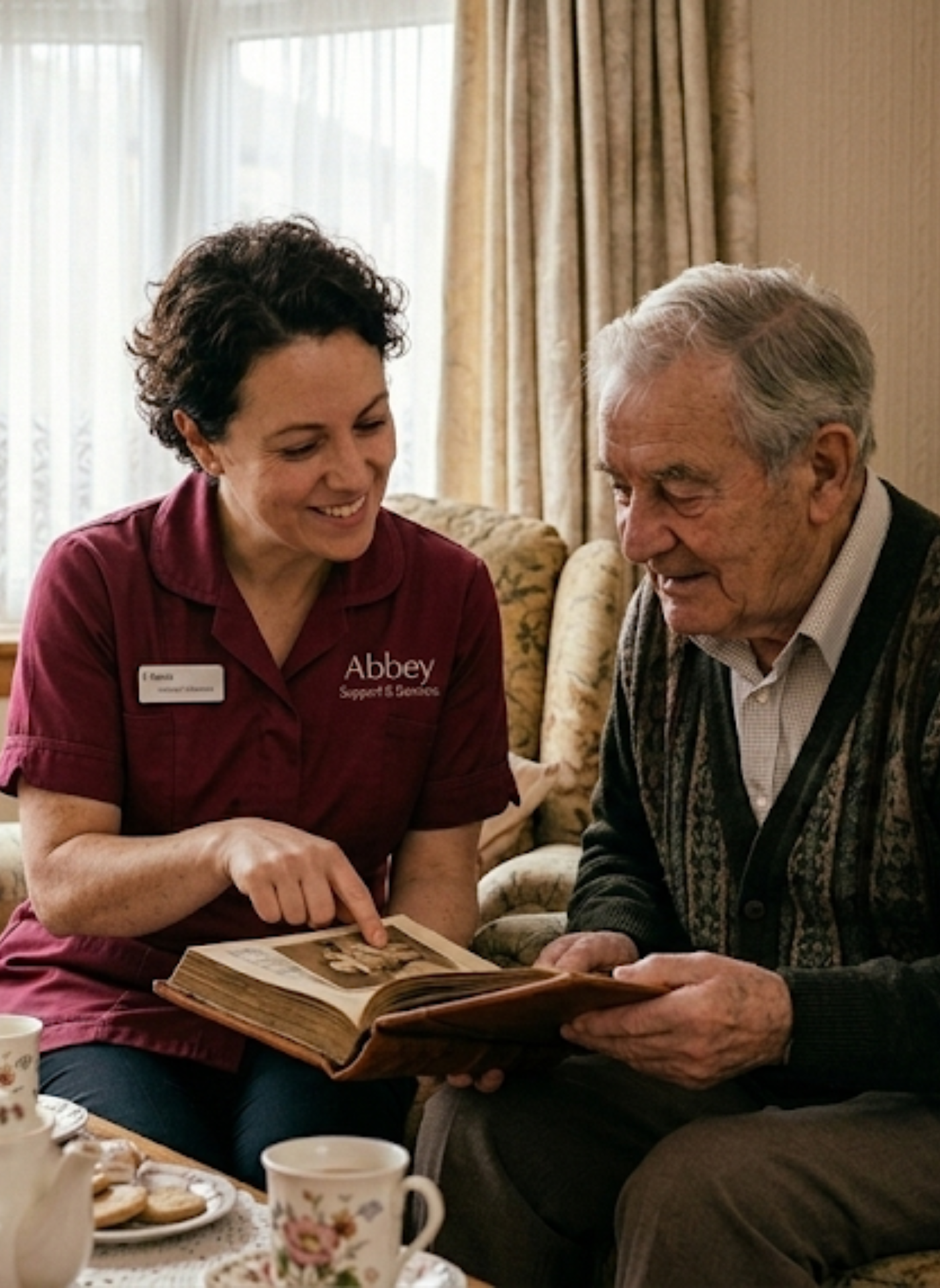 Abbey Support Services dementia carer looking through a photograph album with an elderly client in their Leicester home