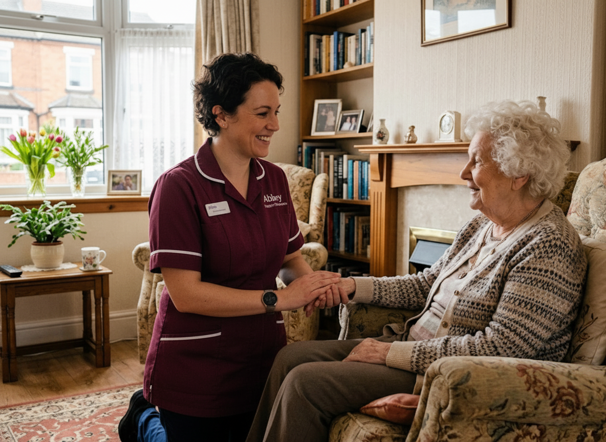 A compassionate Abbey Support & Services carer in navy blue and purple uniform assisting an elderly woman at home in Leicester β professional home care across Leicestershire