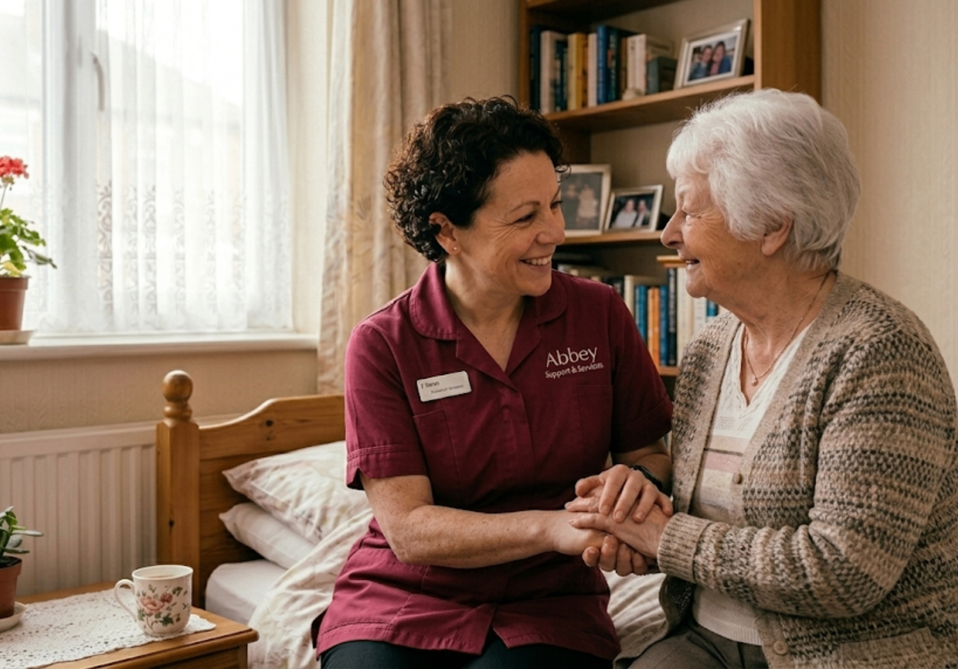 Abbey Support & Services carer offering personal care support with warmth and dignity in a Leicester home