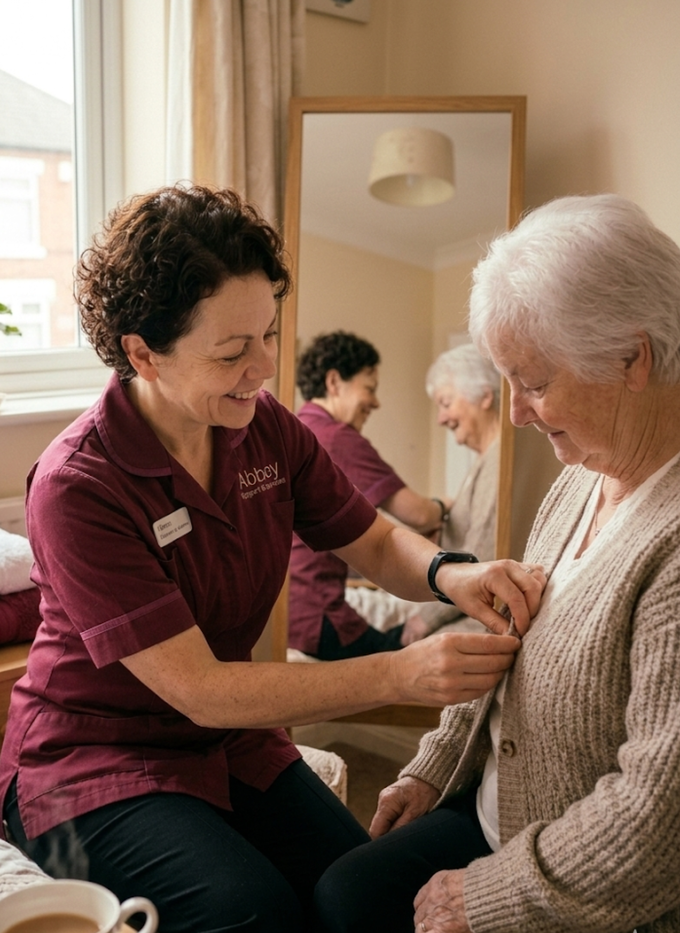 Abbey Support & Services carer helping an elderly woman with dressing at home in Leicester