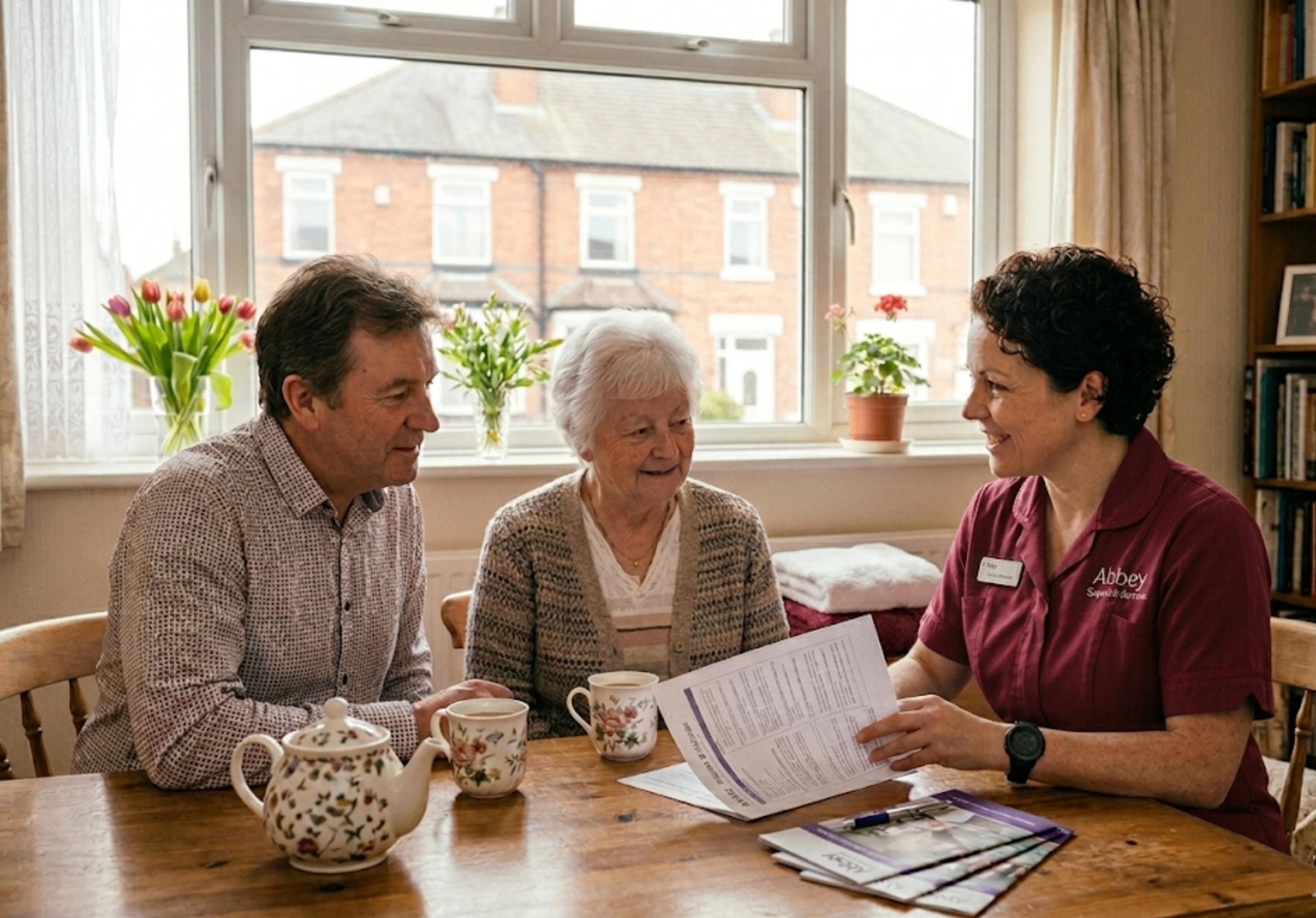 Abbey Support & Services coordinator explaining personal care funding options to a Leicester family