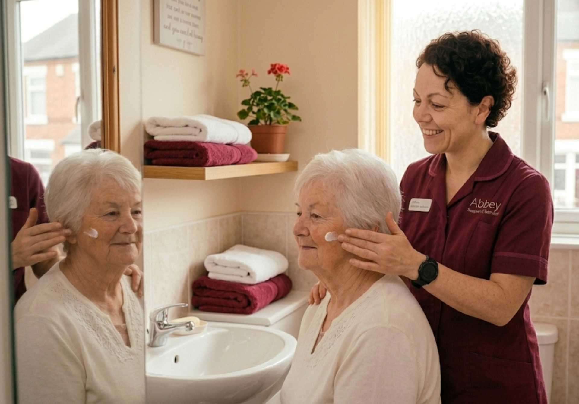Abbey Support & Services carer providing sensitive personal care assistance to an elderly woman at home in Leicester
