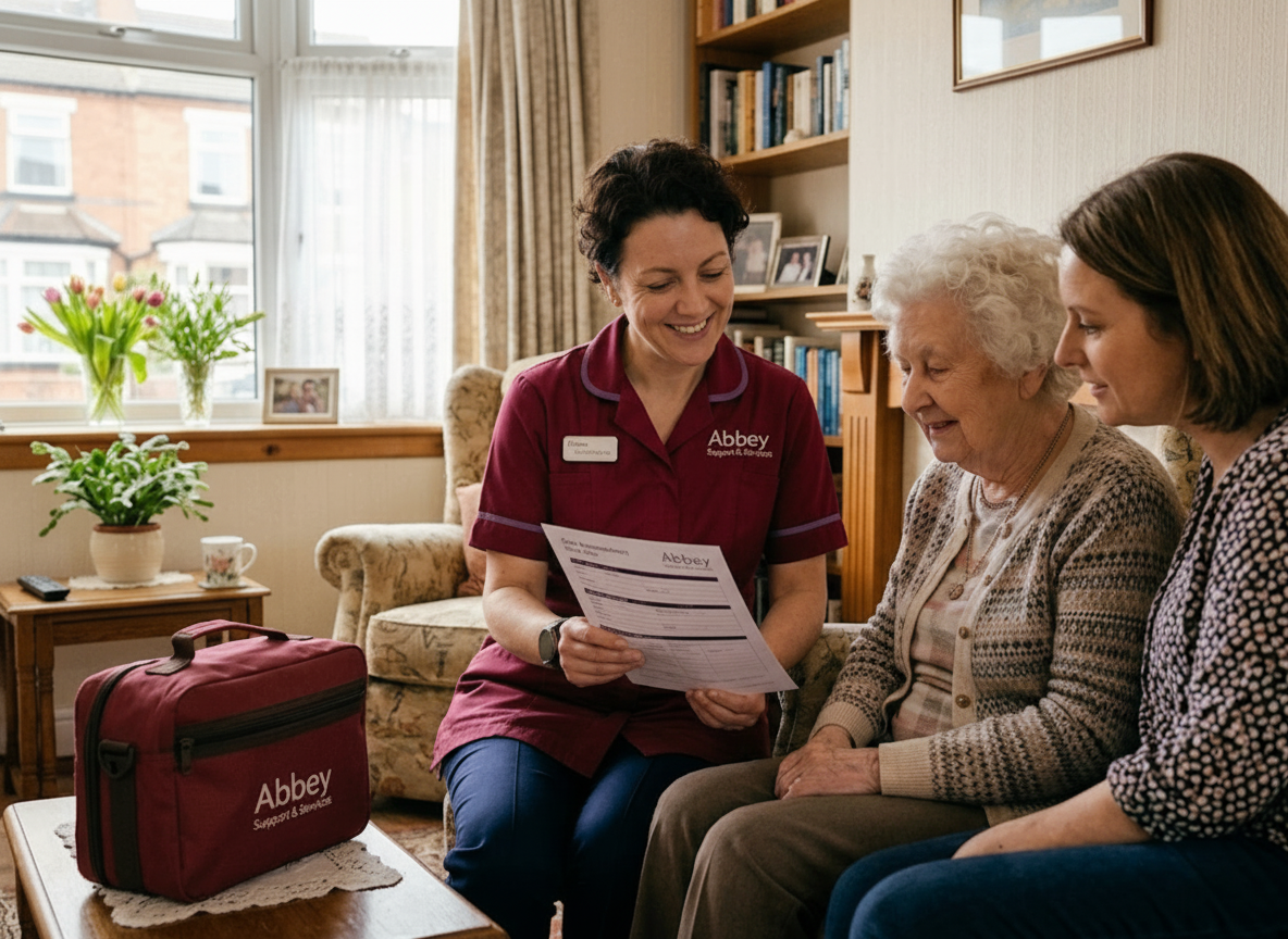 Abbey Support & Services care coordinator conducting a free home care assessment with a Leicester family