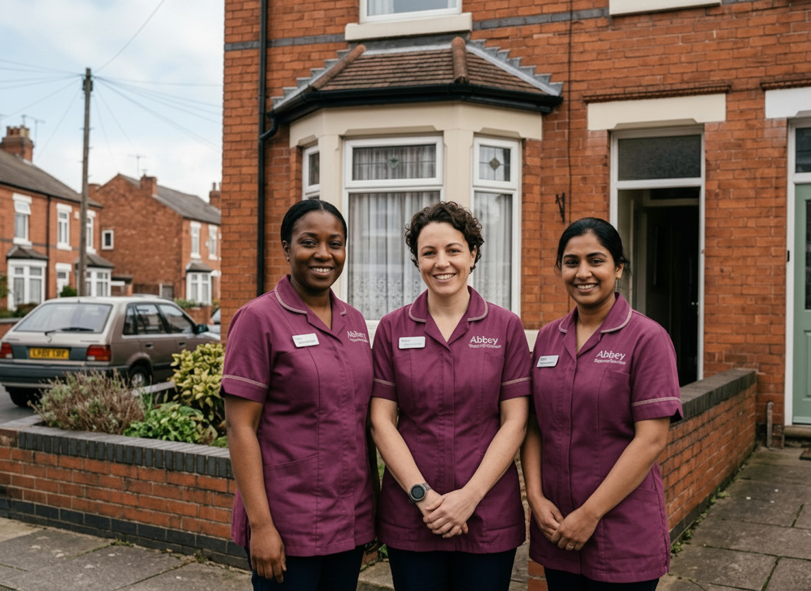 The Abbey Support & Services home care team outside a Leicester home β CQC-regulated, compassionate carers serving Leicestershire families since 2013