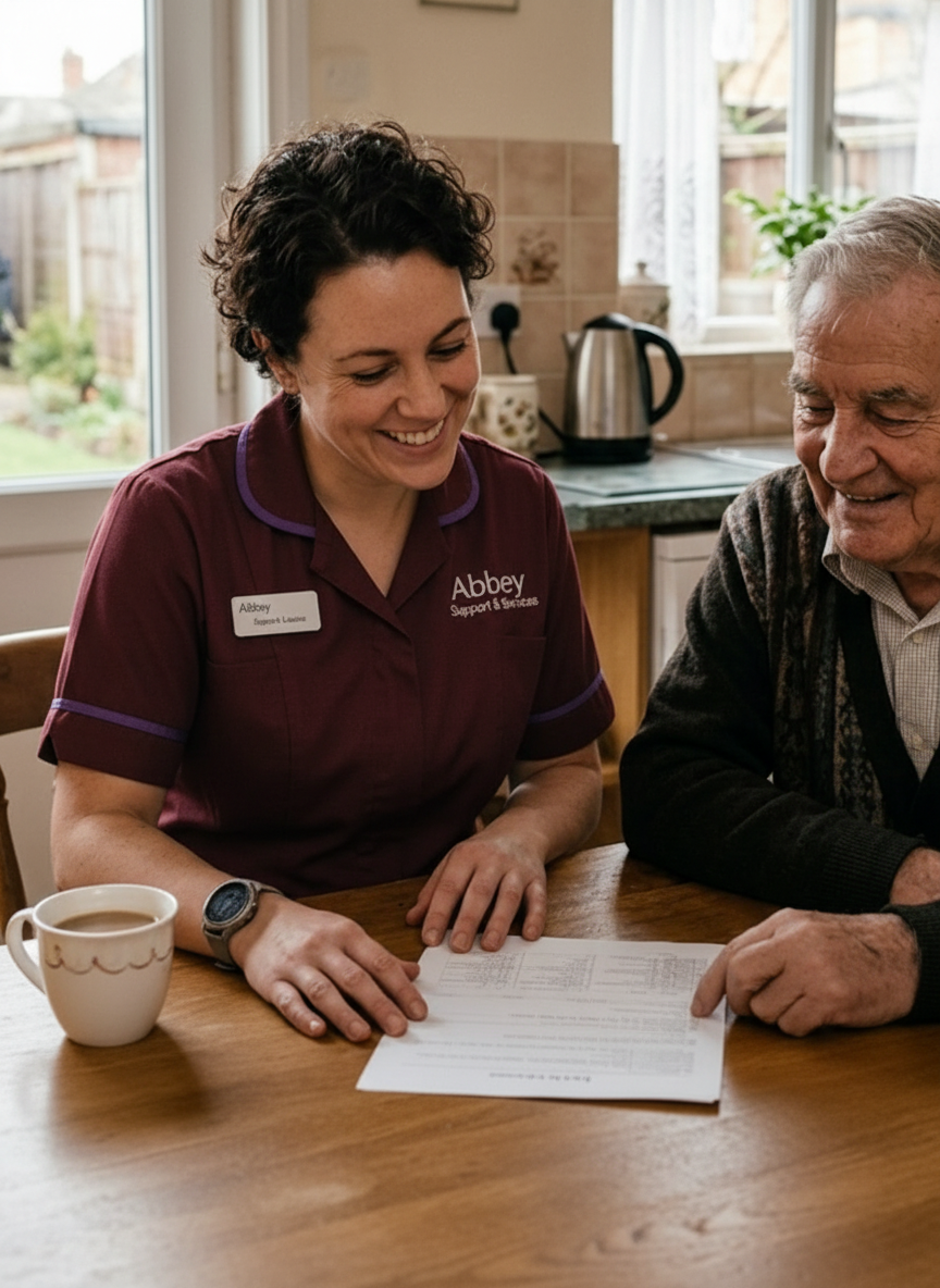 Abbey Support & Services carer reviewing a personalised care plan with an elderly client at home in Leicester